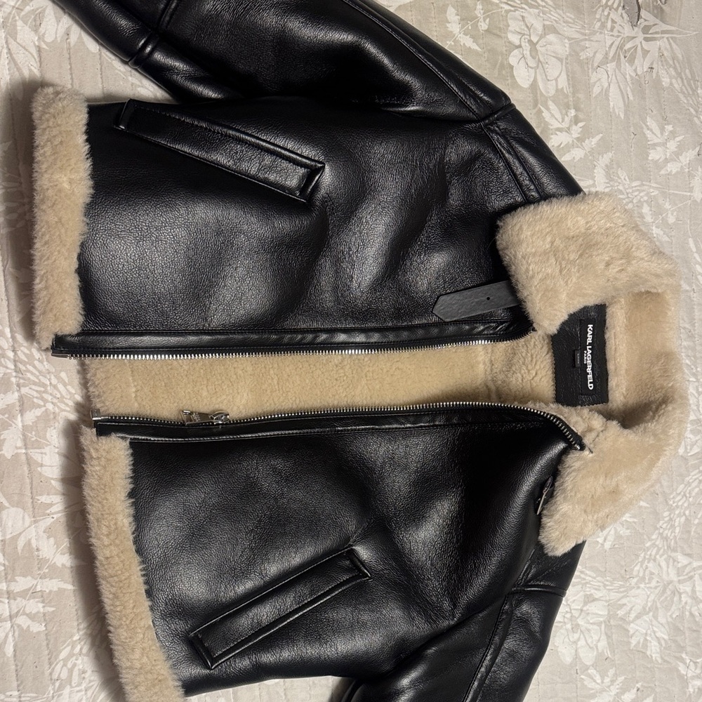 Karl Lagerfeld Black Leather Jacket with Cream Shearling